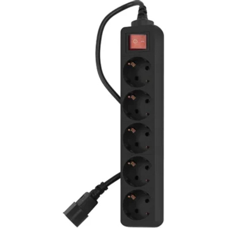 Фото  PC PET Сетевой фильтр AP01006-E-B 1.8м (5 розеток, входн.вилка IEC 320,выход.роз.EURO/RUS), черный {619892}