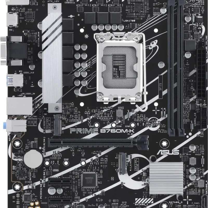 Фото  ASUS PRIME B760M-K (Socket 1700, mATX, 2xDDR5(96GB), VGA/HDMI 2.1, 1xPCIe 4.0x16/2xPCIe 4.0, 1xLAN (2.5GbE), 4xSATA 6Gb/s, 2xM.2, 4xUSB 3.2, 2xUSB 2.0