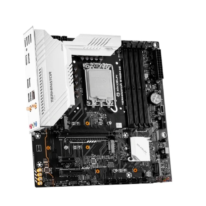 Фото  MAXSUN MS-Terminator B760M D5 WIFI 6E (Socket 1700, mATX, 4*DDR5(192Gb), DP/HDMI, 4*SATA3, 3*M.2, 1xPCI-E x16 /1xPCI-E x4/1xPCI-E x1,  6*USB 2.0,  2*U