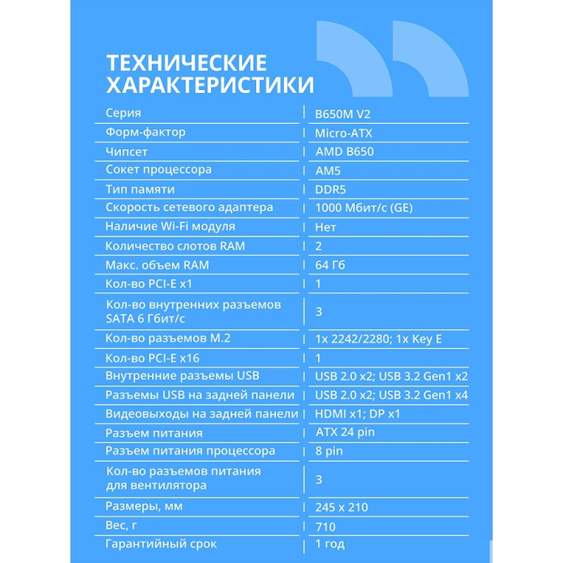 Фото  Материнская плата CBR B650M V2 { Chipset B650, Socket AM5, 2*DDR5, mATX, DP+HDMI, 1*PCIEx16,1*PCIEx1,1*M.2 NVME, 3*SATA3, 2*USB 2.0 + 4*USB3.2, LAN 1G