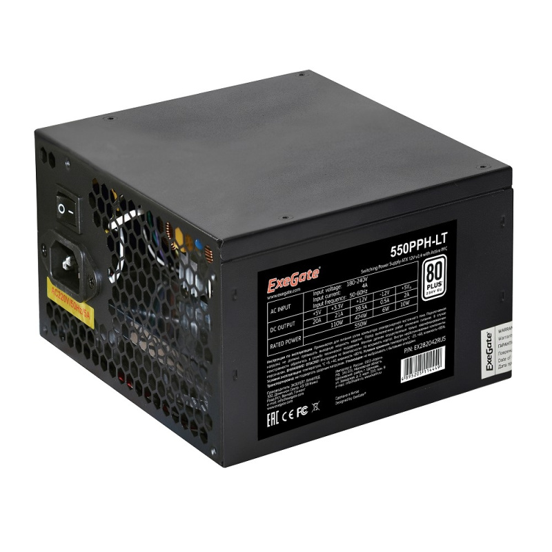 Exegate EX282042RUS-OEM Блок питания 550W Exegate 550PPH-LT-OEM  80+  ATX  black  APFC  12cm  24p  (