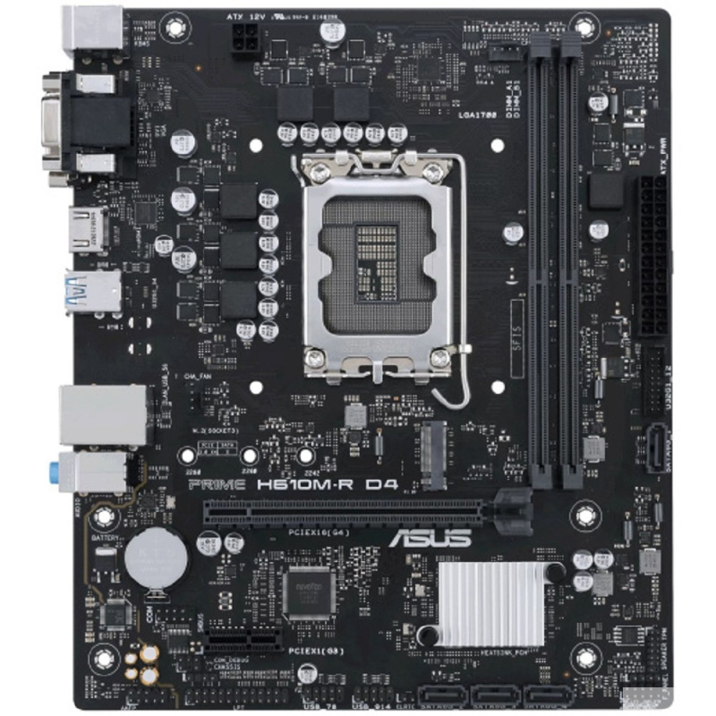 Фото  ASUS PRIME H610M-R D4-SI (Socket 1700, mATX, 2xDDR4(64GB), VGA/DVI-D/HDMI 2.1, 1xPCIe 4.0x16/1xPCIe 3.0, 1xLAN, 4xSATA 6Gb/s, 1xM.2, 2xUSB 3.2, 2xUSB 