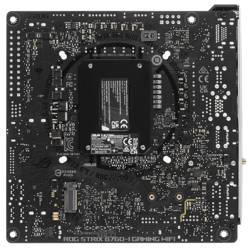 Фото  ASUS ROG STRIX B760-I GAMING WIFI  (Socket 1700, mini ITX, 2xDDR5(96GB), DP/HDMI, 1xPCIe 5.0x16, 1xLAN (2.5GbE), Wi-Fi, 4xSATA 6Gb/s, 2xM.2, 2xType-C,