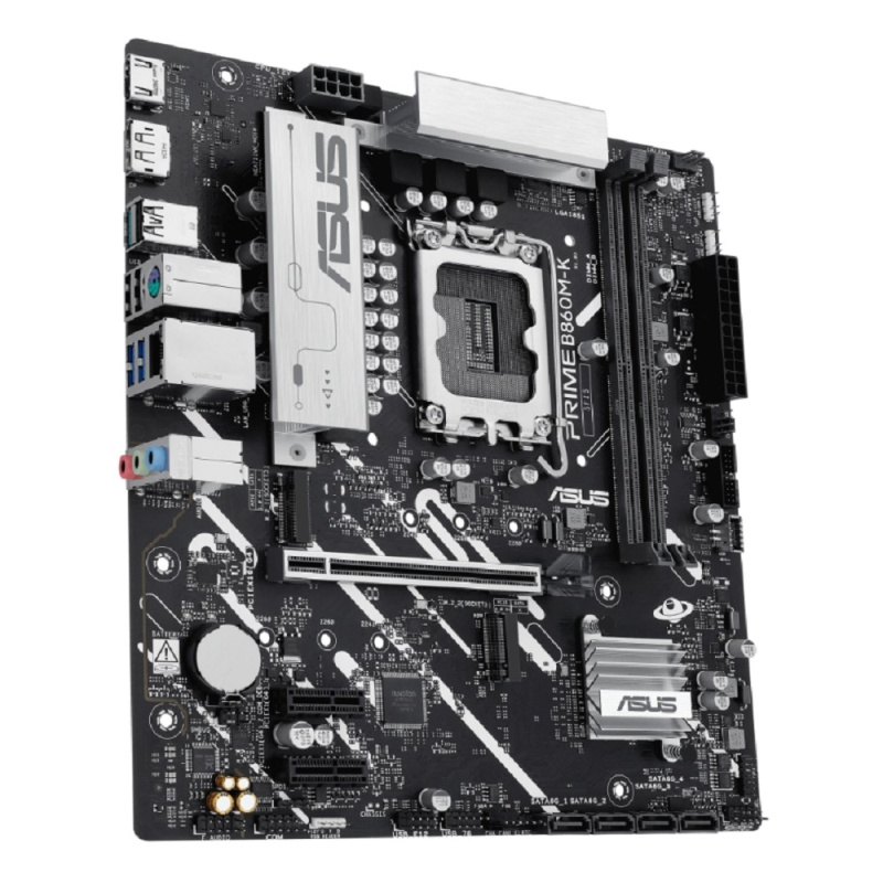 Фото  ASUS PRIME B860M-K (Socket 1851, mATX, 2xDDR5(128GB), DP/HDMI, 1xPCIe 4.0x16/2xPCIe 4.0x1, 1xLAN (2.5GbE), 4xSATA 6Gb/s, 2xM.2, 3xUSB 3.2, 3xUSB 2.0)