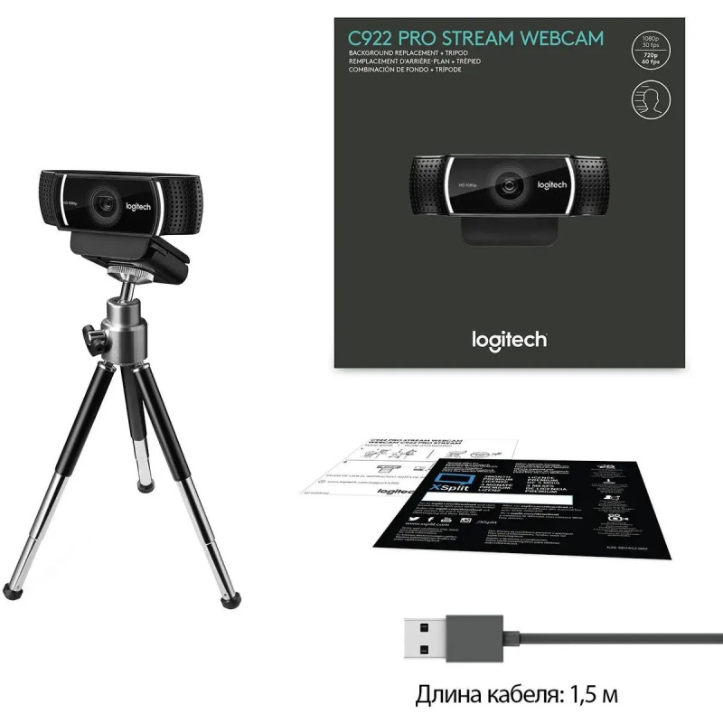 Фото  960-001088/960-001089 Logitech WebCam C922 Pro Stream  {USB 2.0, 1920*1080, 2Mpix foto, Mic, Black}