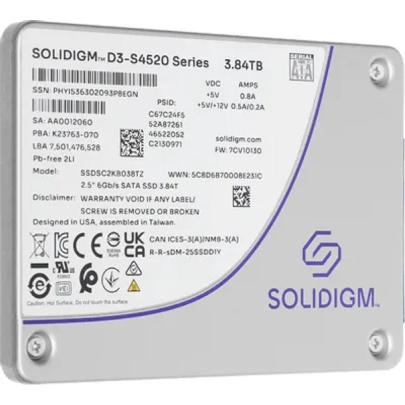 Фото  Накопитель Solidigm SSD D3-S4520 Series, 3840GB, 2.5" 7mm, SATA3, TLC, R/W 550/510MB/s, IOPs 92 000/31 000, TBW 15300, DWPD 2 (12 мес.)