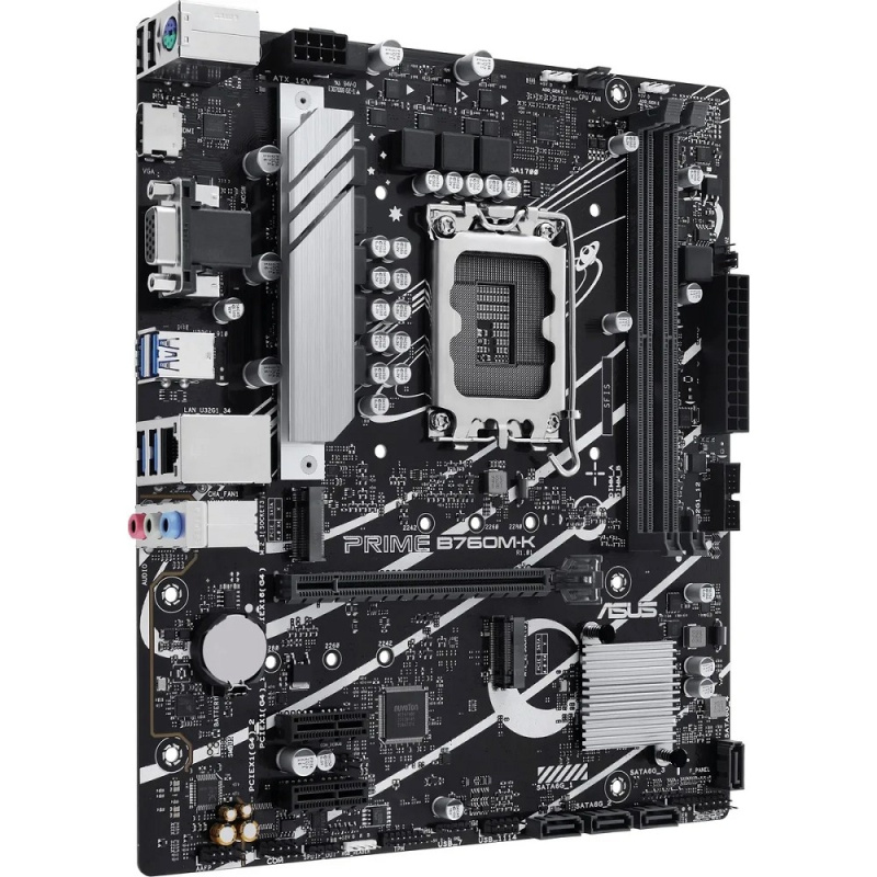 Фото  ASUS PRIME B760M-K (Socket 1700, mATX, 2xDDR5(96GB), VGA/HDMI 2.1, 1xPCIe 4.0x16/2xPCIe 4.0, 1xLAN (2.5GbE), 4xSATA 6Gb/s, 2xM.2, 4xUSB 3.2, 2xUSB 2.0