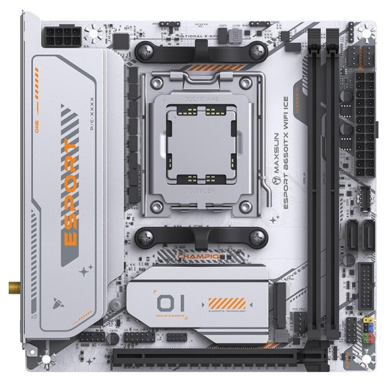 Фото  MAXSUN MS-eSport B650ITX WIFI ICE (Socket AM5, mini-ITX, 2*DDR5(96Gb), DP/HDMI,  2*SATA3, 2*M.2,  1*PCIEx16, 4*USB2.0, 2*USB 3.0,  LAN 1*2,5G, Bluetoo