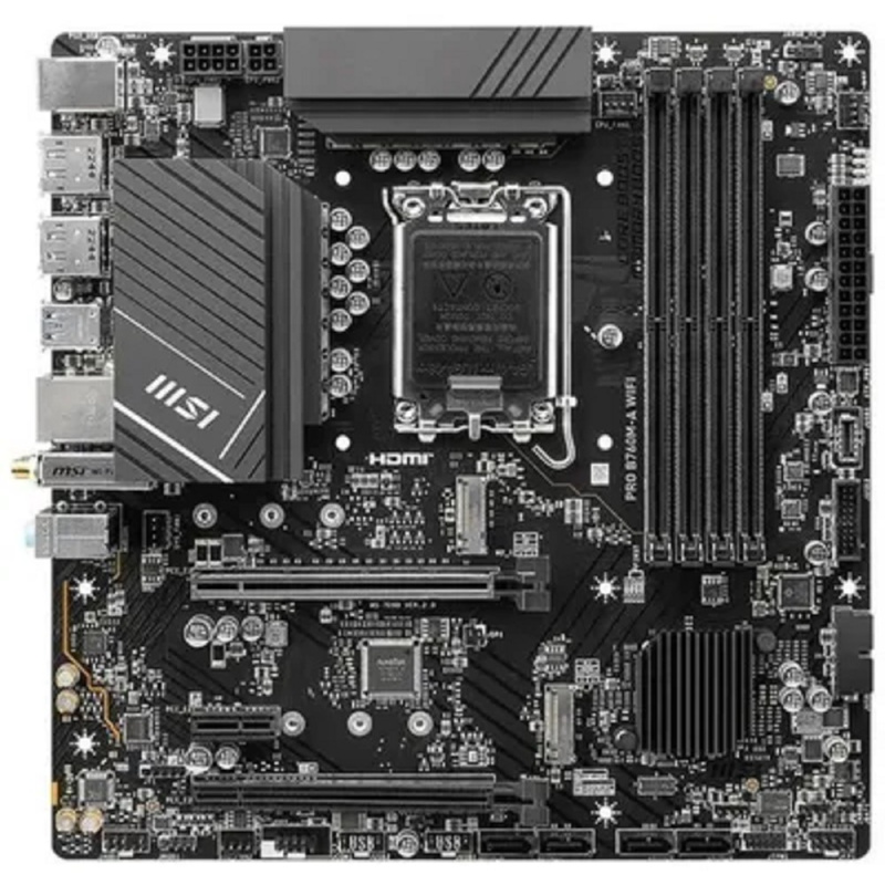 Фото  MSI PRO B760M-A WIFI {Soc-1700, Intel B760, 4xDDR5, mATX AC`97 8ch(7.1) 2.5Gg+HDMI+DP}