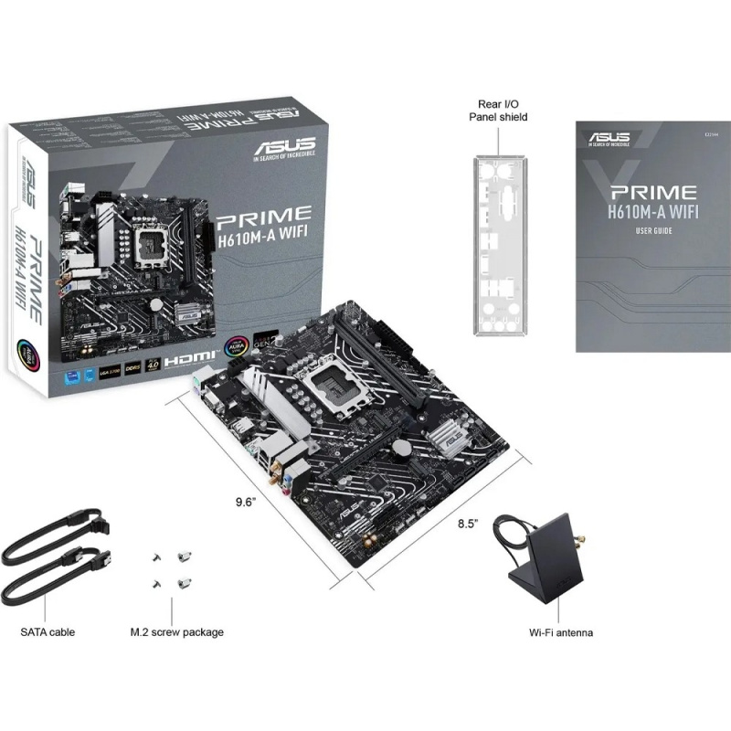 Фото  ASUS PRIME H610M-A WIFI (Socket 1700, mATX, 2xDDR5(96GB), VGA/DP/HDMI, 1xPCIe 4.0x16/1xPCIe 3.0, 1xLAN, Wi-Fi, BT, 4xSATA 6Gb/s, 2xM.2, 1xUSB 3.2, 4xU