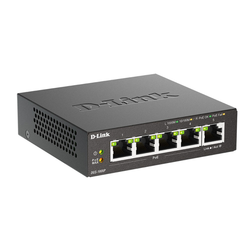Фото  D-Link DGS-1005P/L (ревизия A1) Неуправляемый коммутатор с 5 портами 10/100/1000Base-T (4 порта PoE 802.3af/at, PoE-бюджет 60 Вт)