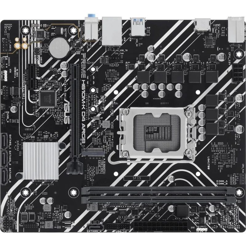 Фото  ASUS PRIME H610M-K D4 ARGB (Socket 1700, mATX, 2xDDR4(64GB), HDMI 2.1, 1xPCIe 4.0x16/1xPCIe 3.0/1xLAN, 4xSATA 6Gb/s, 1xM.2, 2xUSB 3.2, 4xUSB 2.0, 1xPS