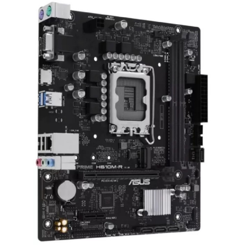 Фото  ASUS PRIME H610M-R-SI (Socket 1700, mATX, 2xDDR5(96GB), DP/VGA/HDMI, 1xPCIe 4.0x16/1xPCIe 3.0, 1xLAN, 4xSATA 6Gb/s, 1xM.2, 2xUSB 3.2, 2xUSB 2.0, 2xPS/