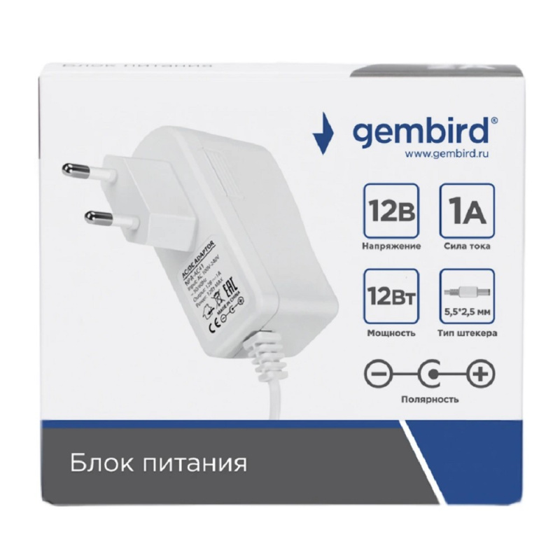 Фото  Gembird Блок питания 12В/1А, 12Вт, 1 штекер 5.5х2.5мм, белый (NPA-AC41)
