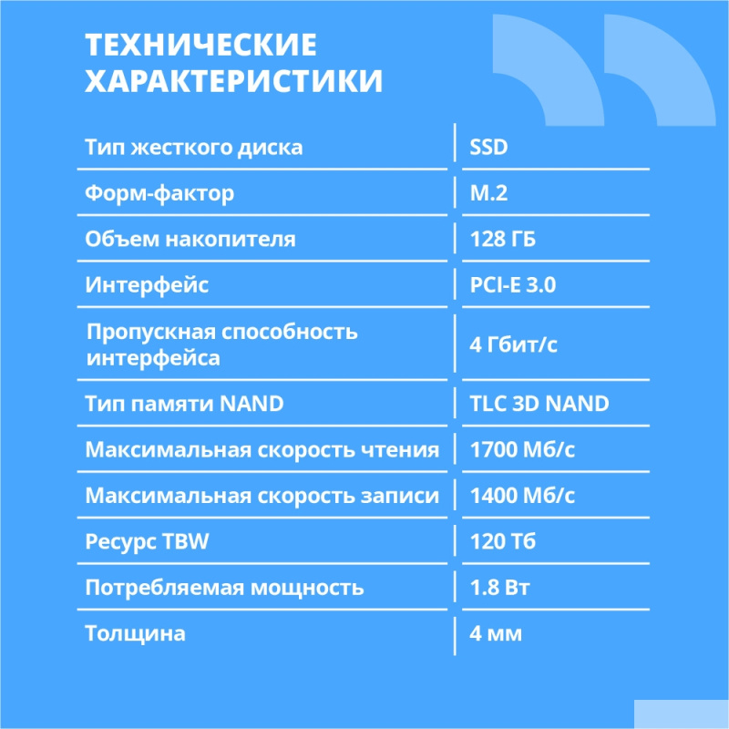 Фото  CBR SSD-128GB-M.2-BS24b, Внутренний SSD-накопитель, серия "Base", 128 GB, M.2 2280, PCIe 3.0 x4, NVMe 1.3, 3D TLC NAND, R/W speed up to 1700/1400 MB/s