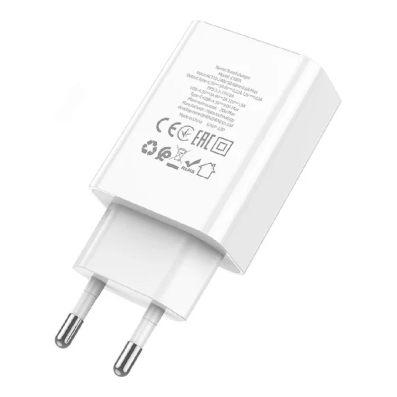 Фото  HOCO Зарядное устройство с дисплеем Hoco 18Вт, 3А, QC3.0/PD, 1xUSB, 1XType-C, C100A, белый, коробка