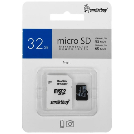 Фото  Micro SecureDigital 32GB Smartbuy серия Pro U3/A1/V30, 95/60 МБ/с, с адаптером S