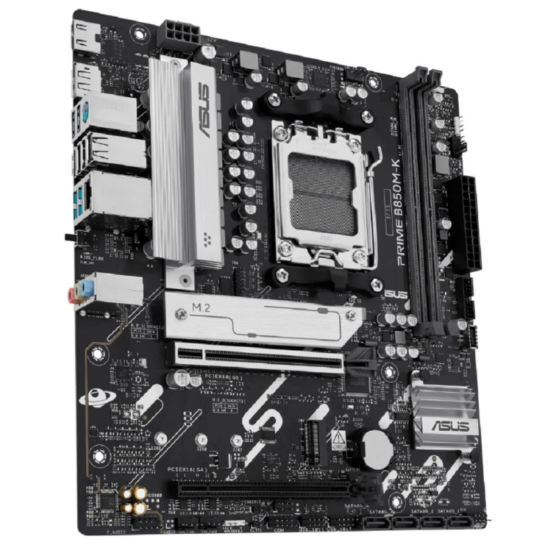 Фото  ASUS PRIME B850M-K (Socket AM5, mATX, 2xDDR5(128GB), DP/HDMI, 1xPCIe 5.0x16/1xPCIe 4.0x16, 1xLAN (2.5GbE), 4xSATA 6Gb/s, 2xM.2, 1xType-C, 4xUSB 3.2, 4
