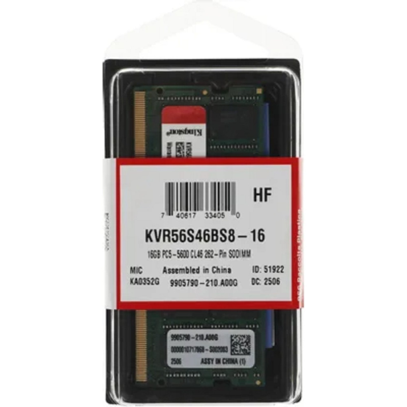 Фото  Kingston 16GB 5600MT/s DDR5 Non-ECC CL46 SODIMM 1Rx8 KVR56S46BS8-16