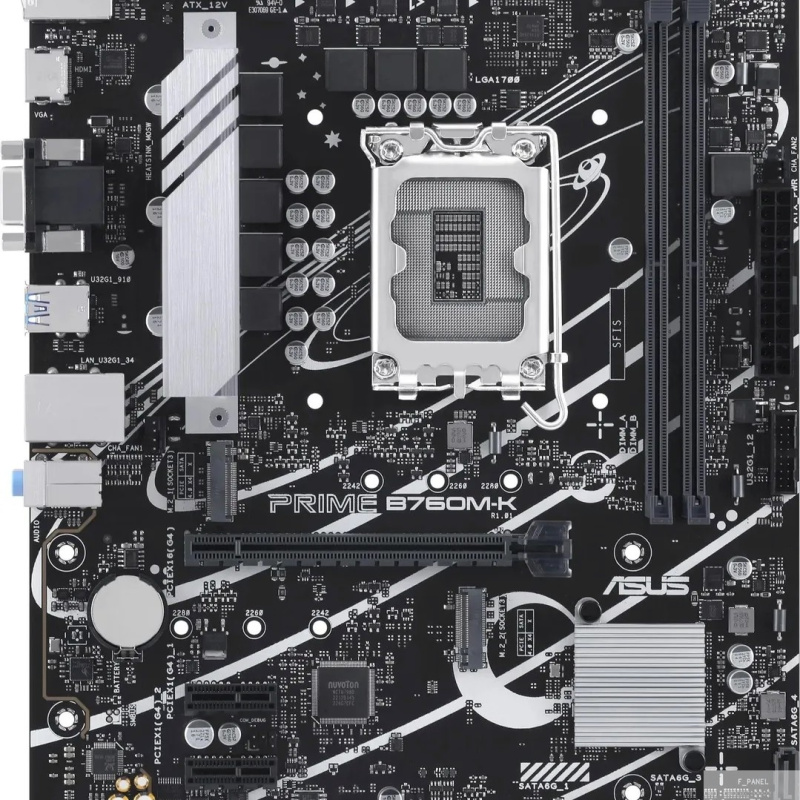 Фото  ASUS PRIME B760M-K (Socket 1700, mATX, 2xDDR5(96GB), VGA/HDMI 2.1, 1xPCIe 4.0x16/2xPCIe 4.0, 1xLAN (2.5GbE), 4xSATA 6Gb/s, 2xM.2, 4xUSB 3.2, 2xUSB 2.0